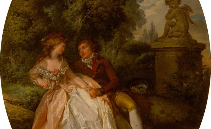 Couple d’amoureux dans un jardin à l’anglaise auprès d’une statue du « Cupidon menaçant » de Falconet 