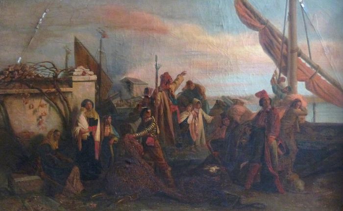 Départ des pêcheurs de l'Adriatique pour la pêche au long cours, d'après Léoplold Roberts (1849)