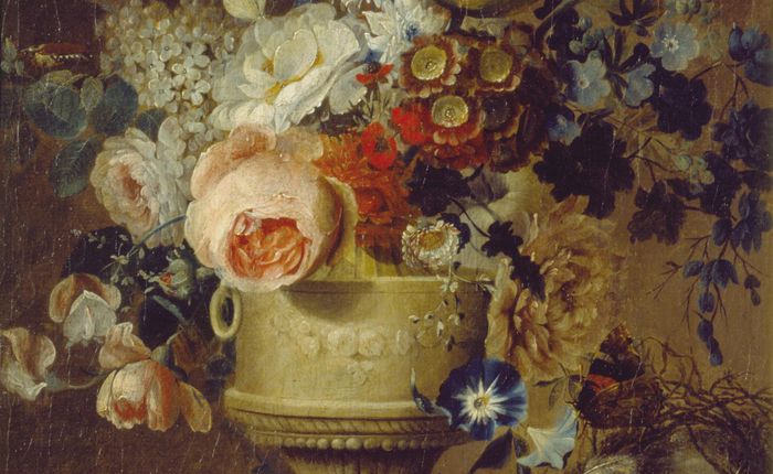 Vase de fleurs, groseilles et nid d’oiseau
