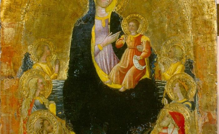 La Vierge à l'Enfant, saint Jean-Baptiste, sainte Marie-Madeleine, saint Jérôme, une sainte martyre couronnée (Catherine ou Ursule) et deux anges.