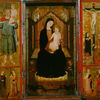 Triptyque: Vierge à l'Enfant; saint François et saint Jean l'Evangéliste. Saint Christophe et deux saintes. La Crucifixion; saint Barthélemy et un saint diacre