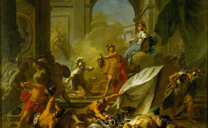 Persée assisté par Minerve, pétrifie Phinée et ses compagnons en leur présentant la tête de Méduse
