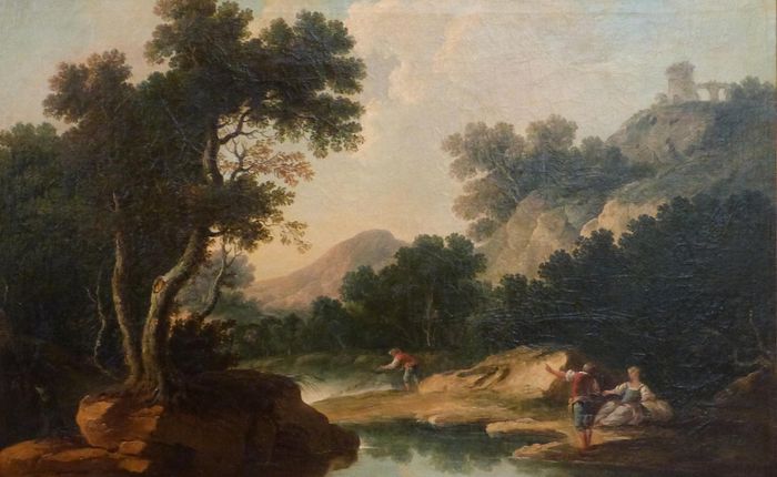 Paysage, pêcheurs au bord d’une rivière